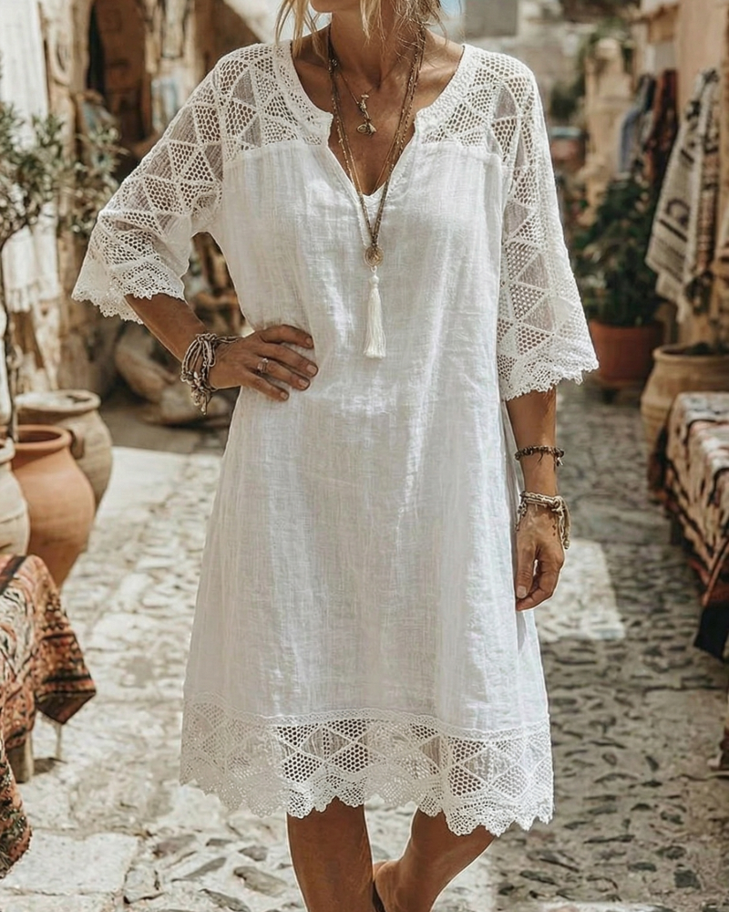 Robe col V dentelle patchwork décontractée - Blanc