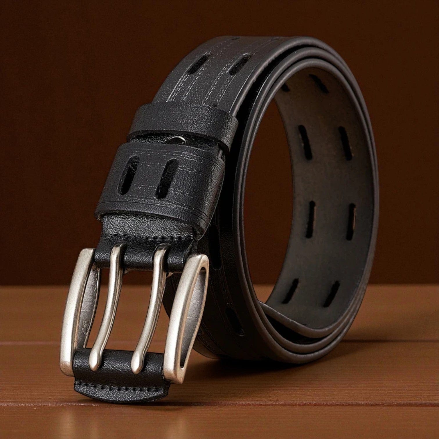 Ceinture pour homme en cuir double ardillon avec tranches polies vintage