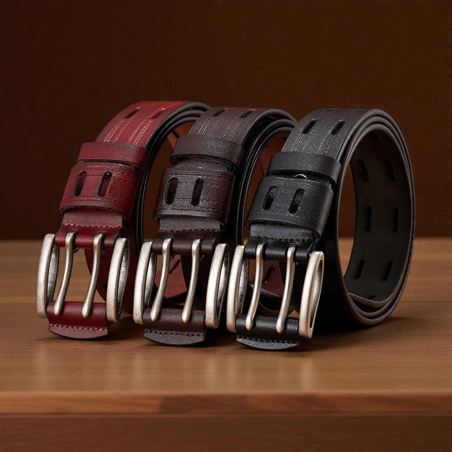 Ceinture pour homme en cuir double ardillon avec tranches polies vintage