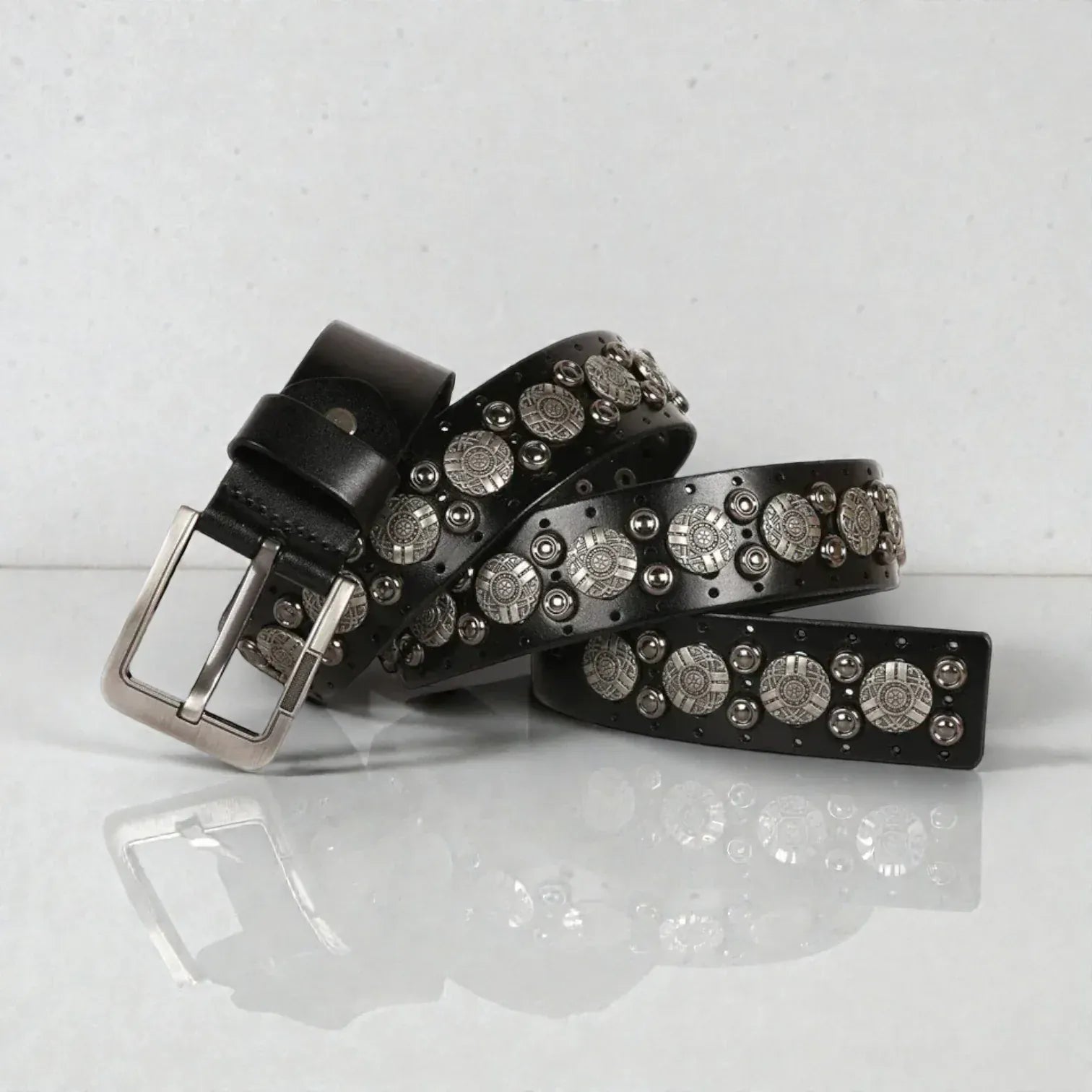 Ceinture noire avec rivets ronds homme en cuir texturé