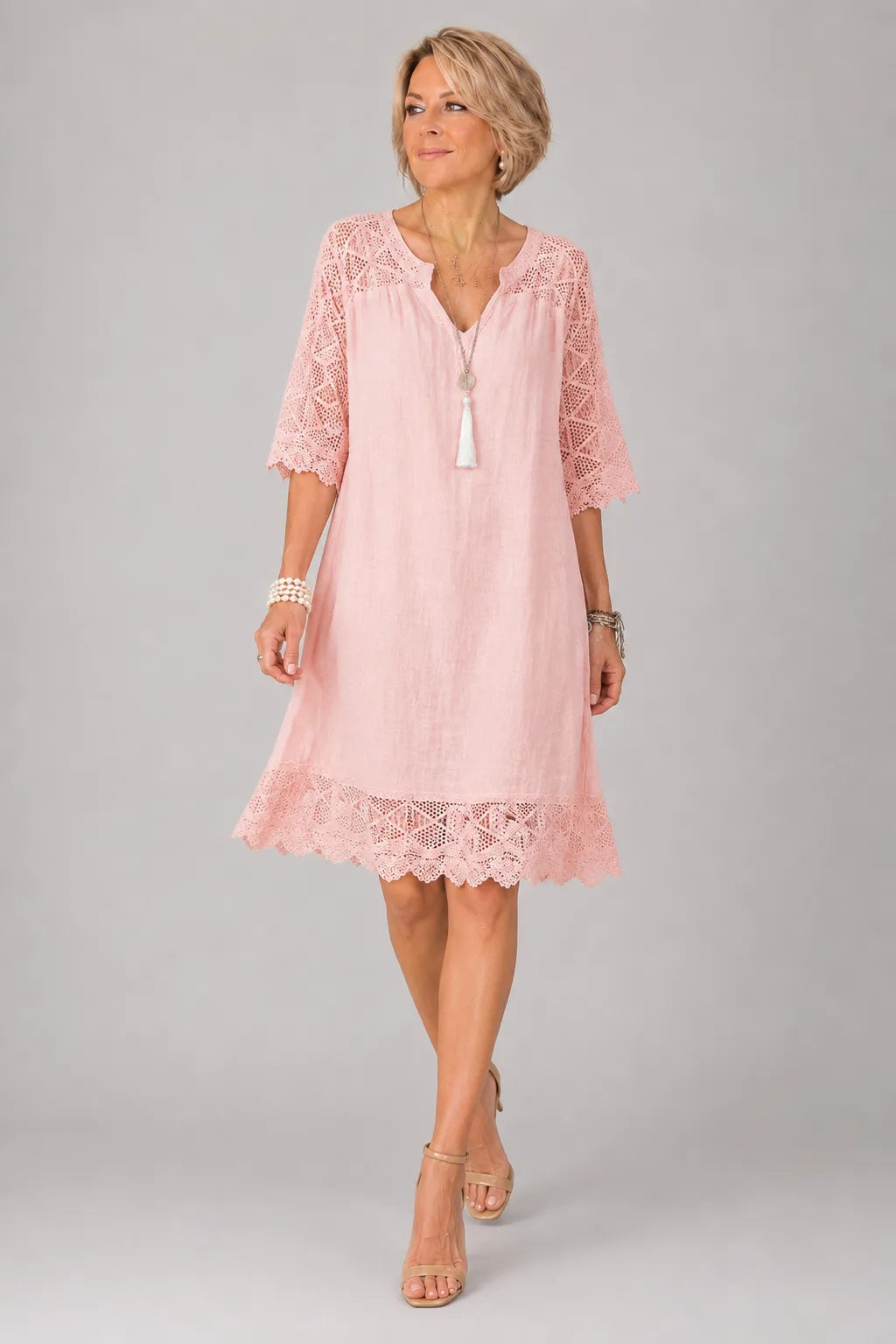 Robe col V dentelle patchwork décontractée