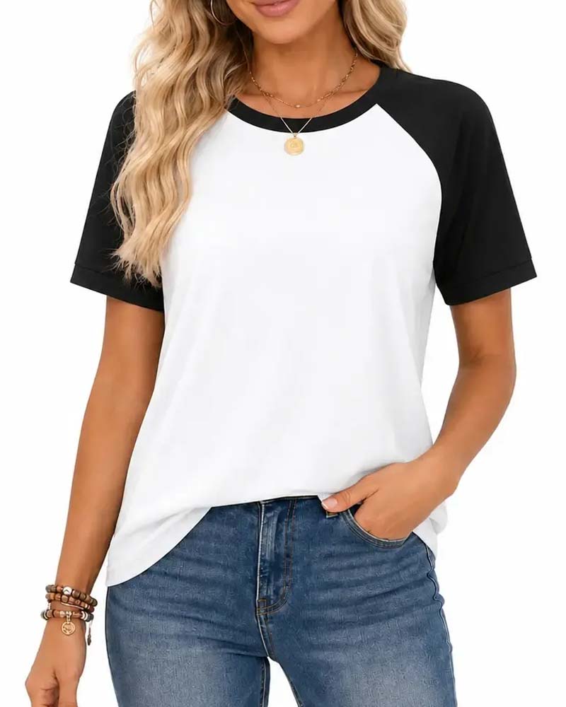 T-shirt color-block col rond manches raglan - Noir
