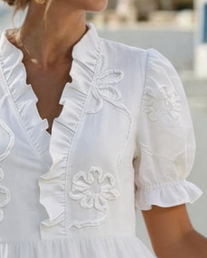 Robe courte florale à manches bouffantes - Blanc