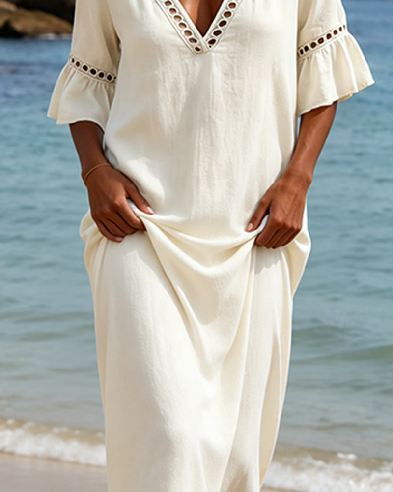 Robe décolleté V en dentelle à volants - Blanc