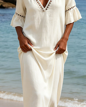 Robe décolleté V en dentelle à volants - Blanc