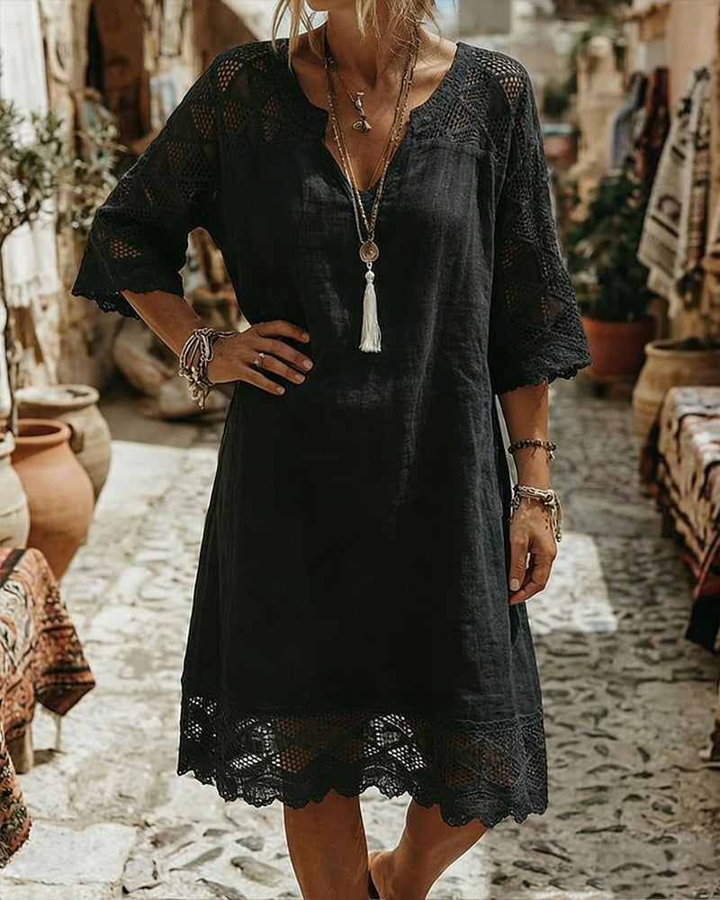 Robe col V dentelle patchwork décontractée - Blanc