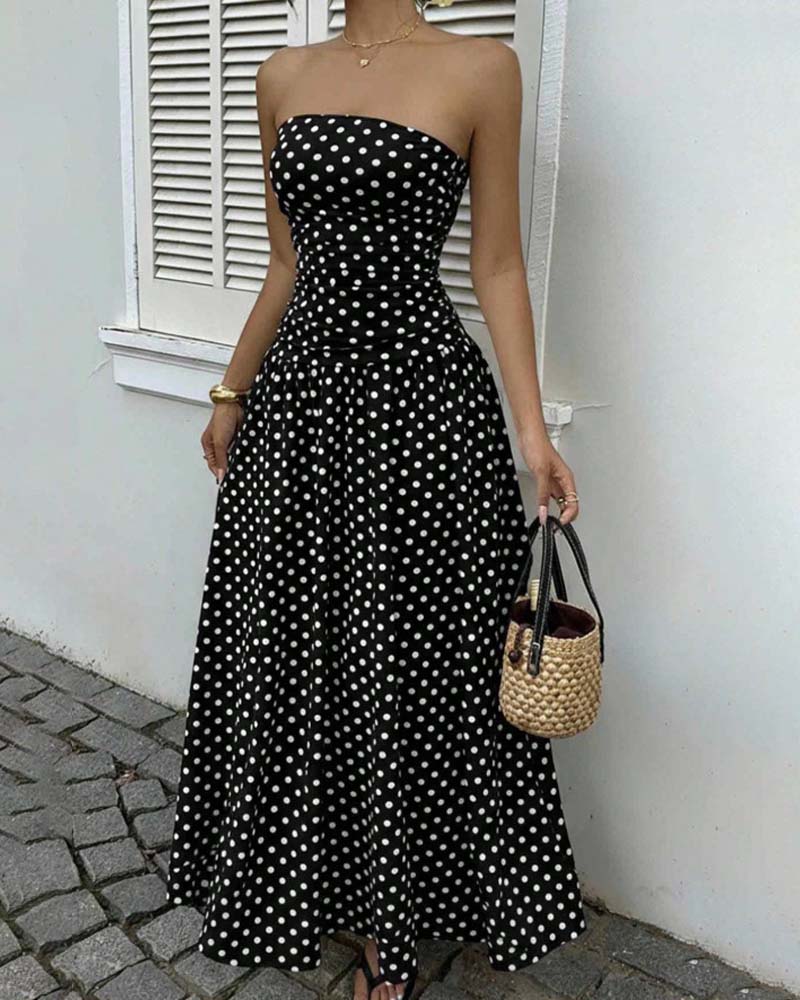 Robe longue bandeau à pois ligne A - Brun