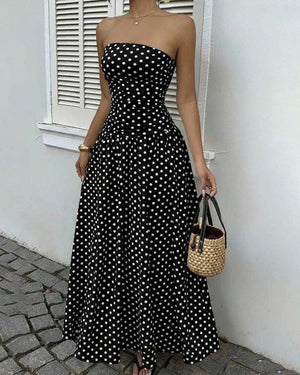 Robe longue bandeau à pois ligne A - Brun