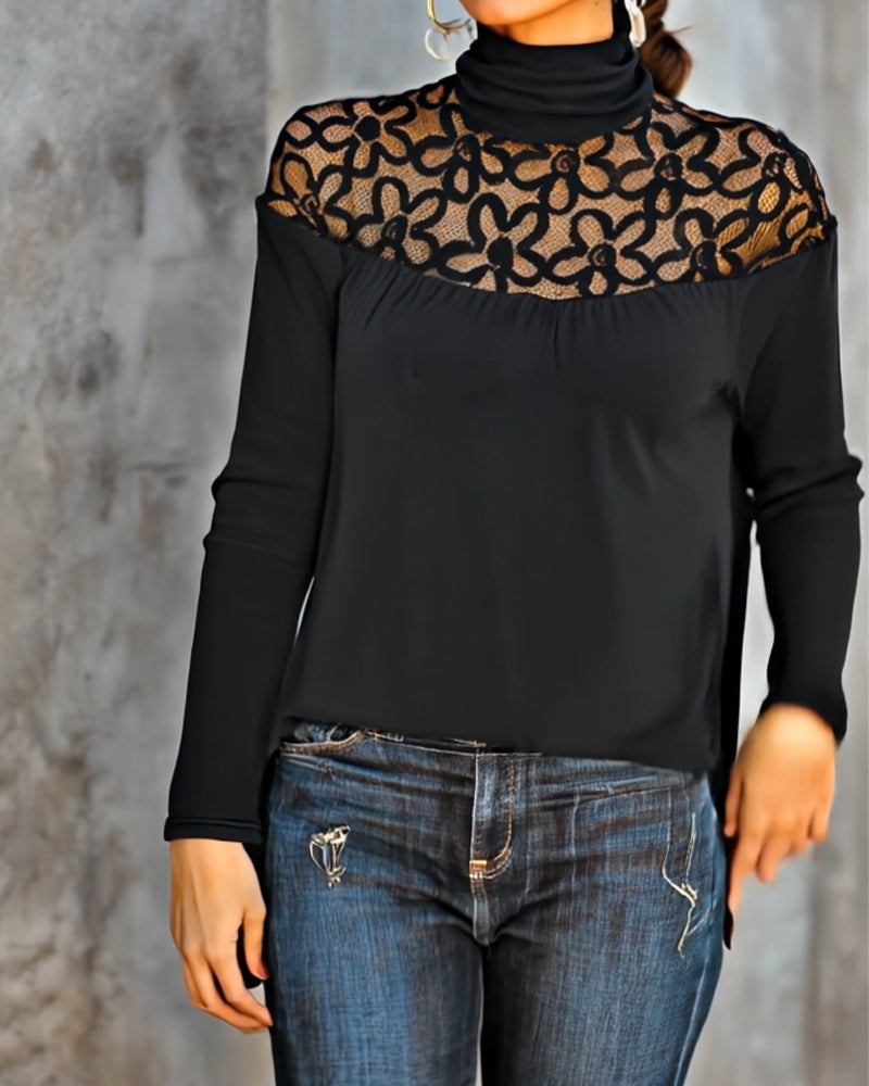 Haut en maille col roulé dentelle transparente - Noir