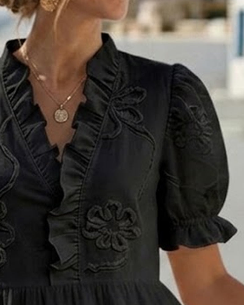 Robe courte florale à manches bouffantes - Blanc