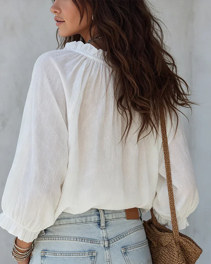 Blouse col V lacets - Blanc