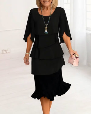 Robe élégante col rond à volants - Noir