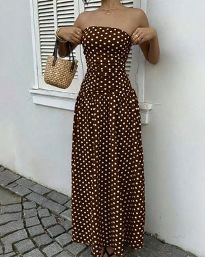 Robe longue bandeau à pois ligne A - Brun