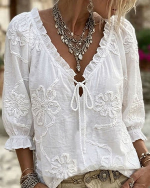 Blouse 100% coton col V enveloppante à nœud volantée - Blanc