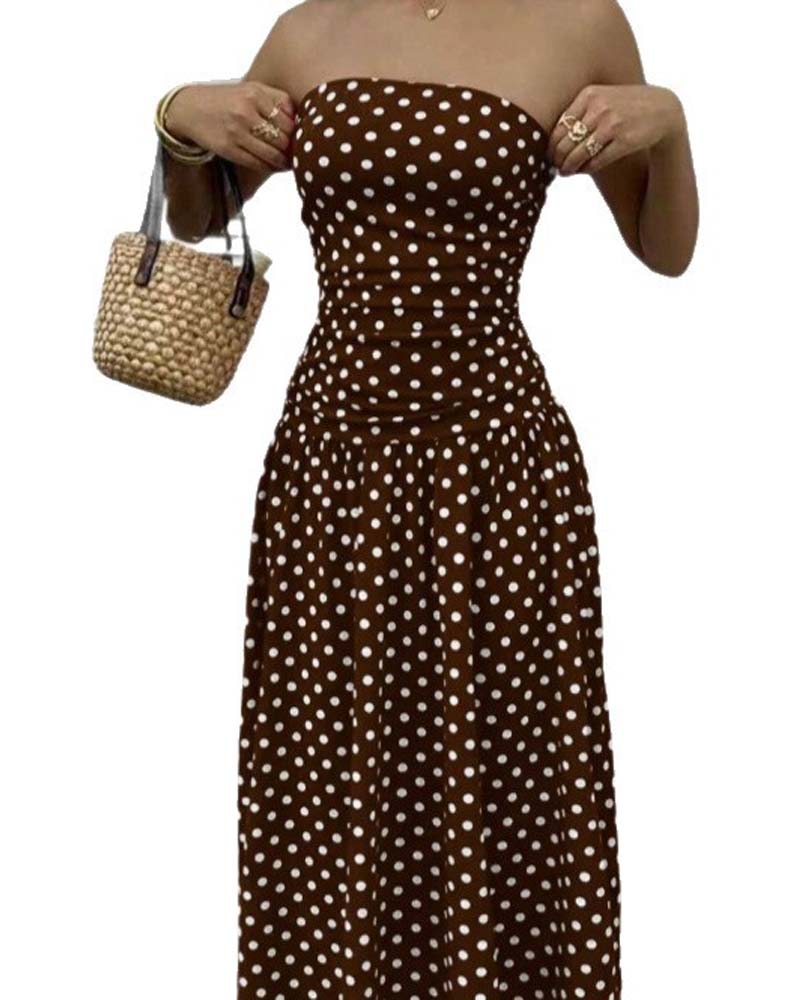 Robe longue bandeau à pois ligne A - Brun