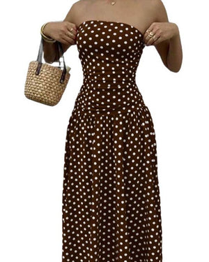 Robe longue bandeau à pois ligne A - Brun