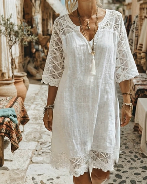 Robe col V dentelle patchwork décontractée - Blanc