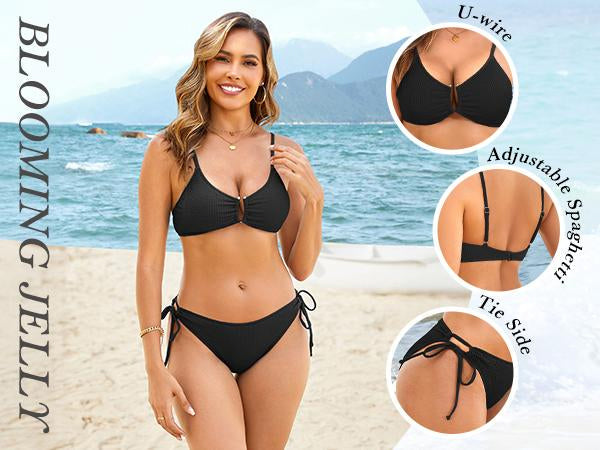 Bikini femme sexy taille haute échancré - Bleu