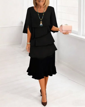Robe élégante col rond à volants - Noir
