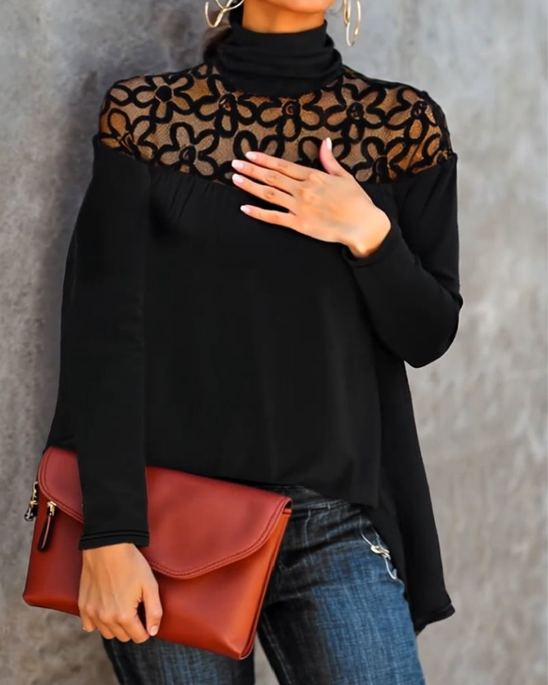 Haut en maille col roulé dentelle transparente - Noir