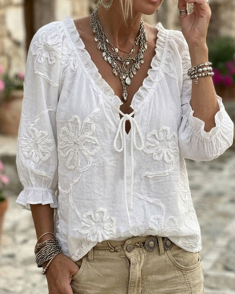 Blouse 100% coton col V enveloppante à nœud volantée - Blanc