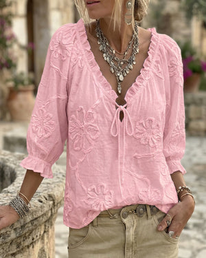 Blouse 100% coton col V enveloppante à nœud volantée - Blanc