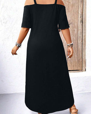 Robe longue unie col V épaules dénudées - Noir