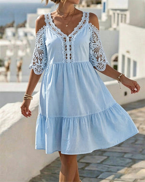 Robe courte en dentelle épaules dénudées à volants - Blanc