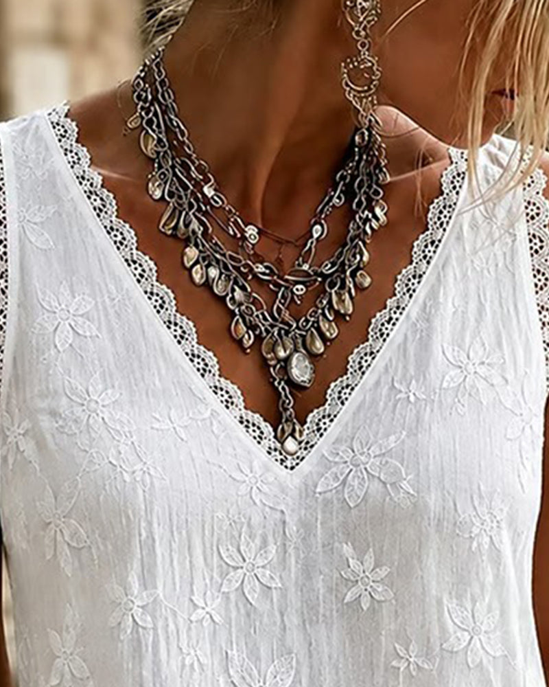 Débardeur col V uni dentelle - Blanc