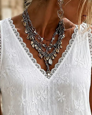 Débardeur col V uni dentelle - Blanc