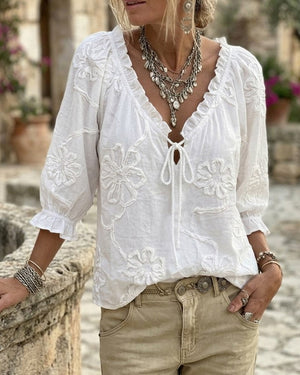 Blouse 100% coton col V enveloppante à nœud volantée - Blanc
