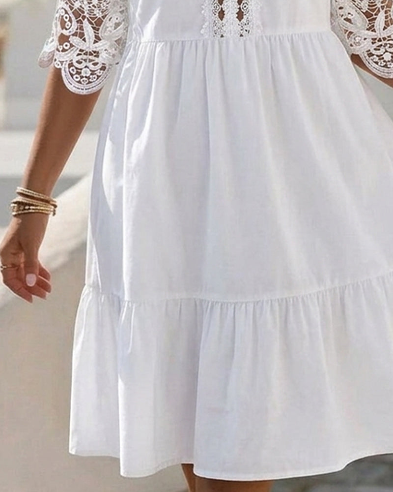 Robe courte en dentelle épaules dénudées à volants - Blanc