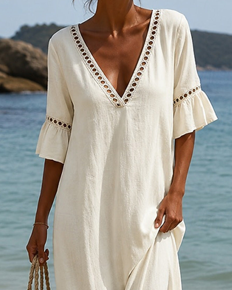 Robe décolleté V en dentelle à volants - Blanc