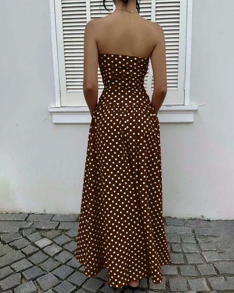 Robe longue bandeau à pois ligne A - Brun