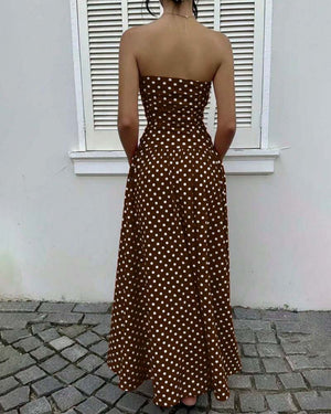 Robe longue bandeau à pois ligne A - Brun