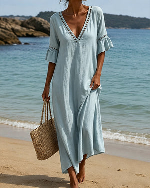 Robe décolleté V en dentelle à volants - Blanc