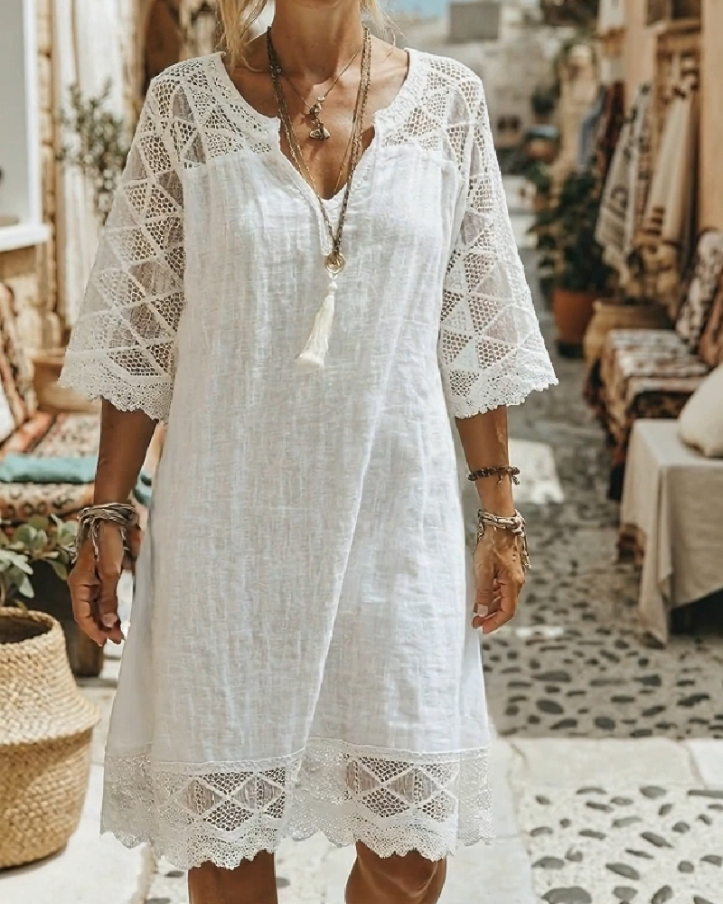 Robe col V dentelle patchwork décontractée - Blanc