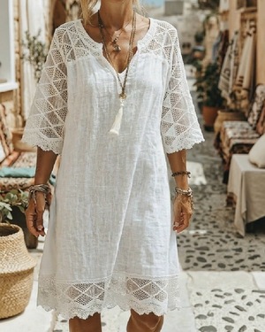 Robe col V dentelle patchwork décontractée - Blanc