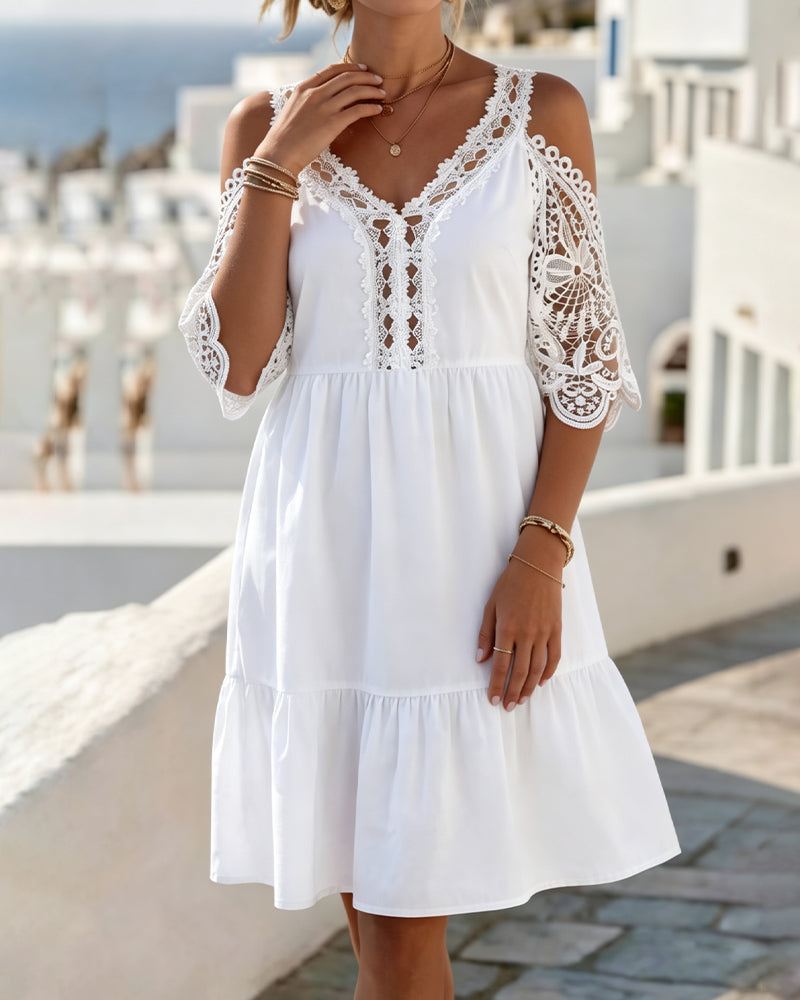 Robe courte en dentelle épaules dénudées à volants - Blanc