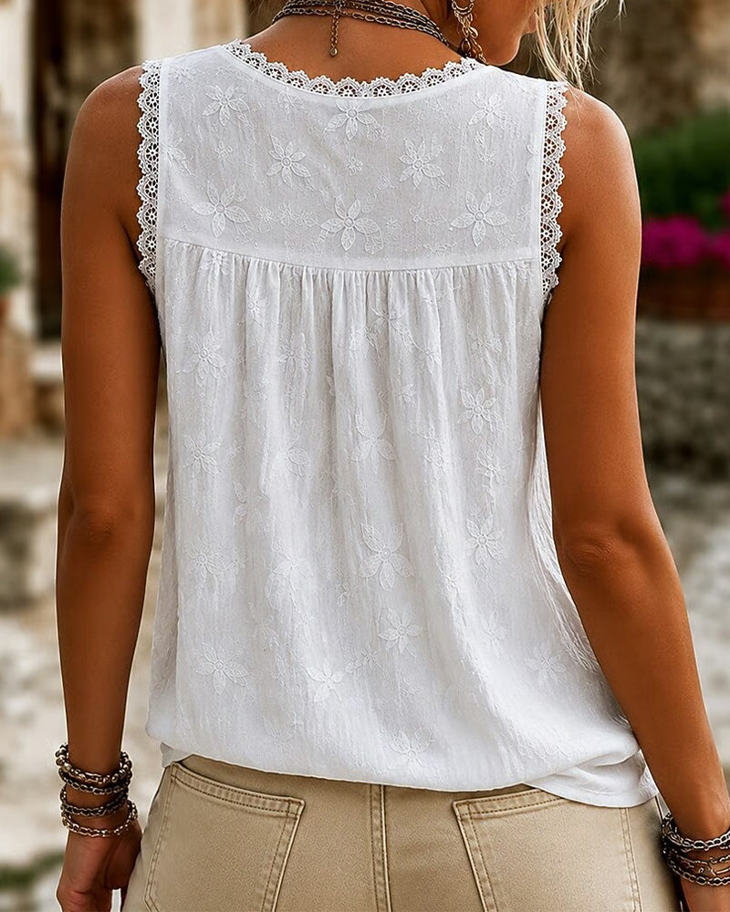 Débardeur col V uni dentelle - Blanc