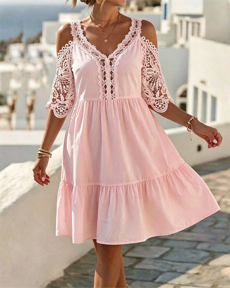 Robe courte en dentelle épaules dénudées à volants - Blanc
