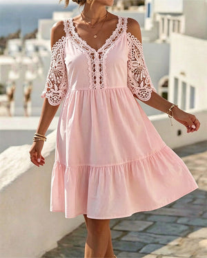 Robe courte en dentelle épaules dénudées à volants - Blanc
