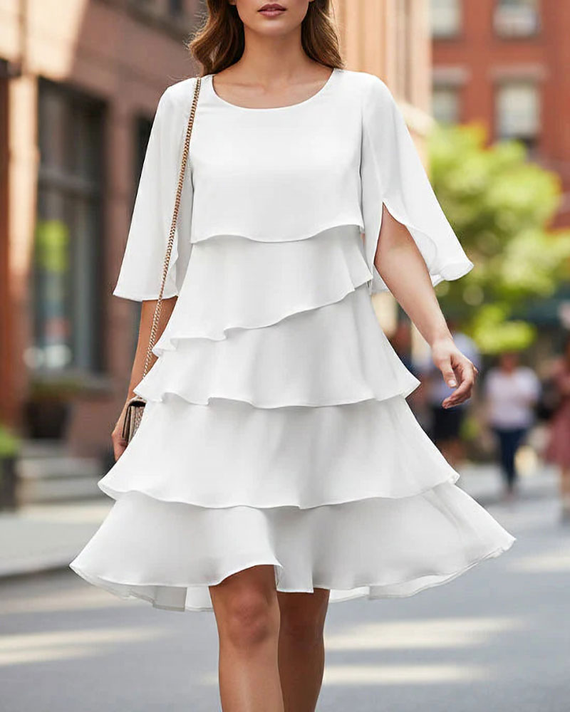 Robe ample col rond à volants - Blanc
