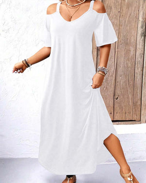 Robe longue unie col V épaules dénudées - Noir