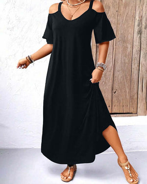 Robe longue unie col V épaules dénudées - Noir