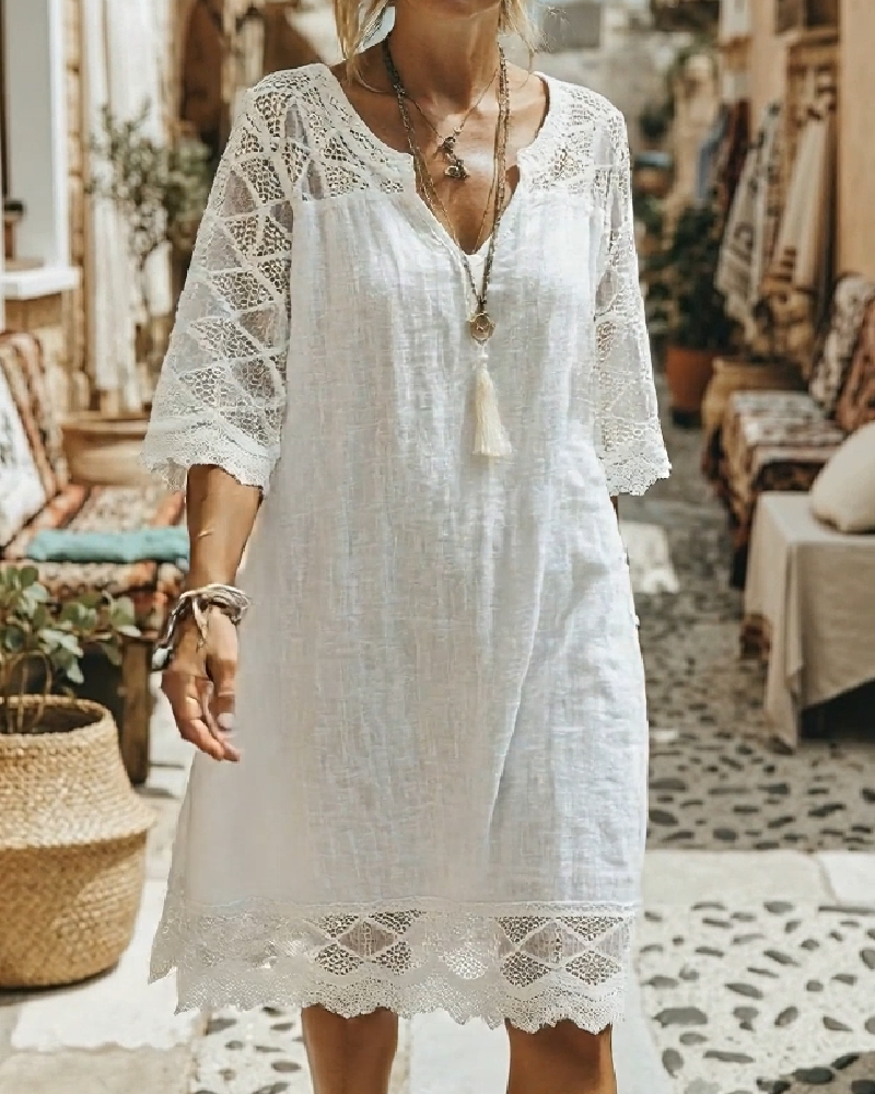 Robe col V dentelle patchwork décontractée - Blanc