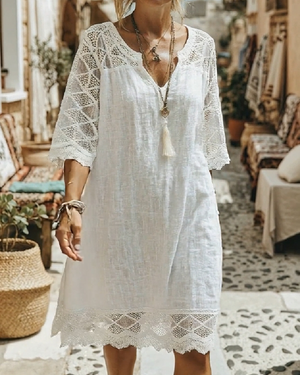 Robe col V dentelle patchwork décontractée - Blanc