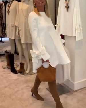 Robe élégante col rond manches à nœud - Blanc