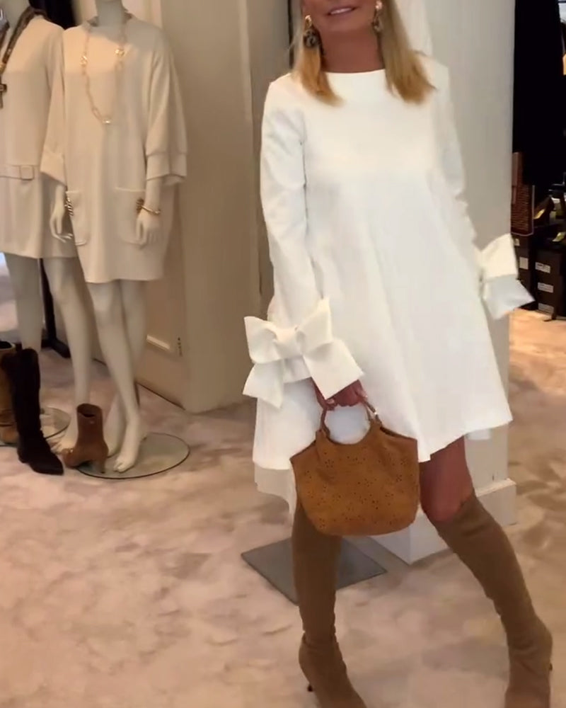 Robe élégante col rond manches à nœud - Blanc