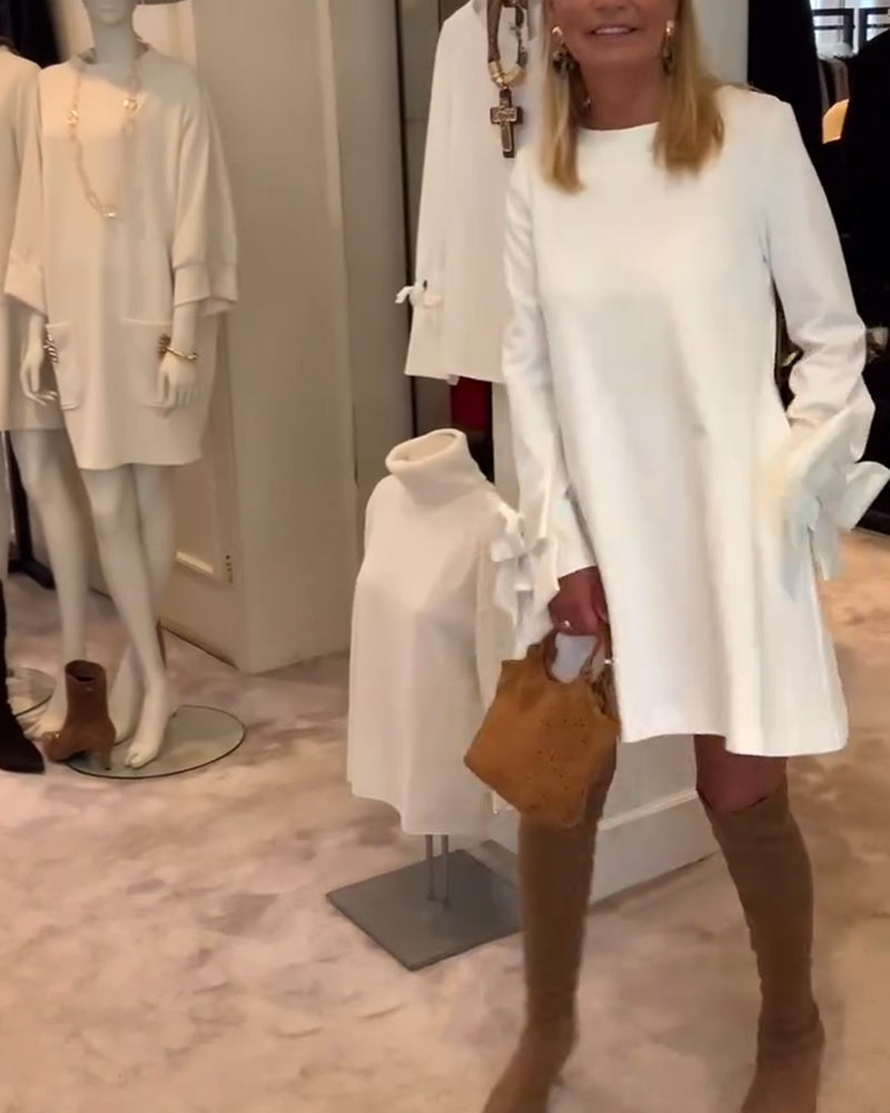Robe élégante col rond manches à nœud - Blanc